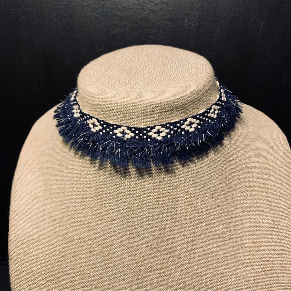 Fringed Navy & Ivory Aztec Textile Choker
